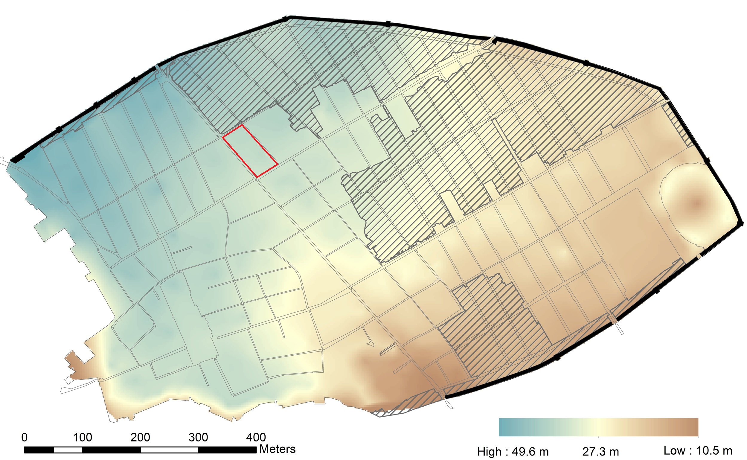 Pompeii Digital elevation model, Notarian, Matthew. (2021). Pompeii - Digital Elevation Model (DEM) with streets and unexcavated zones. Zenodo. https://doi.org/10.5281/zenodo.4560551. Insula V 1 marked in red.